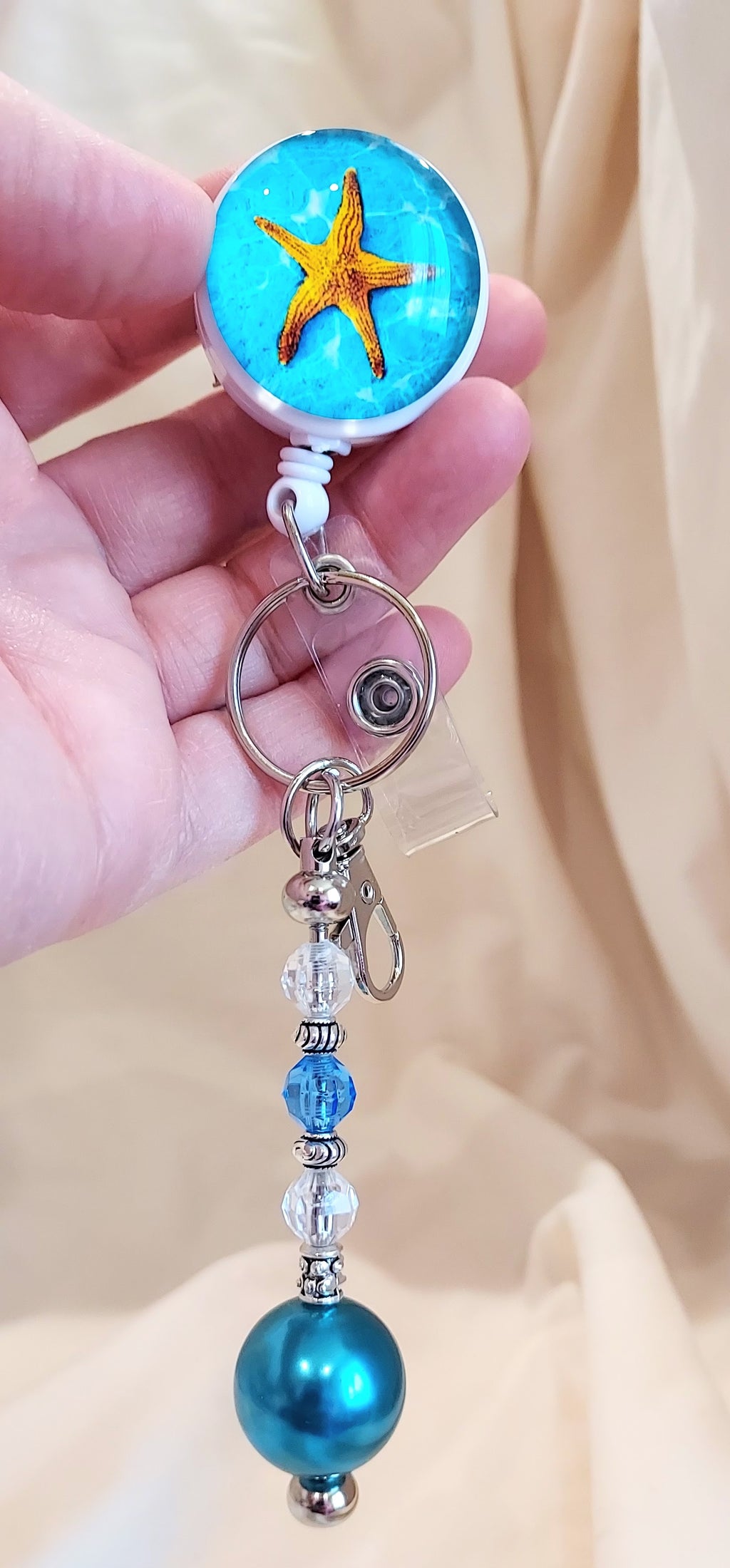 Unique Starfish Beach Retractable Badge Reel with Hand Beaded Keychain – 3-in-1 Fidget Accessory