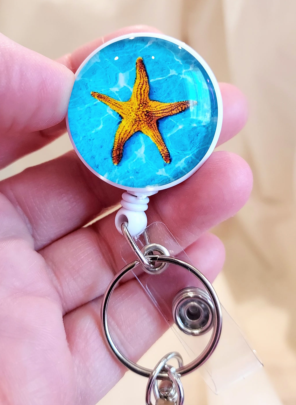 Unique Starfish Beach Retractable Badge Reel with Hand Beaded Keychain – 3-in-1 Fidget Accessory