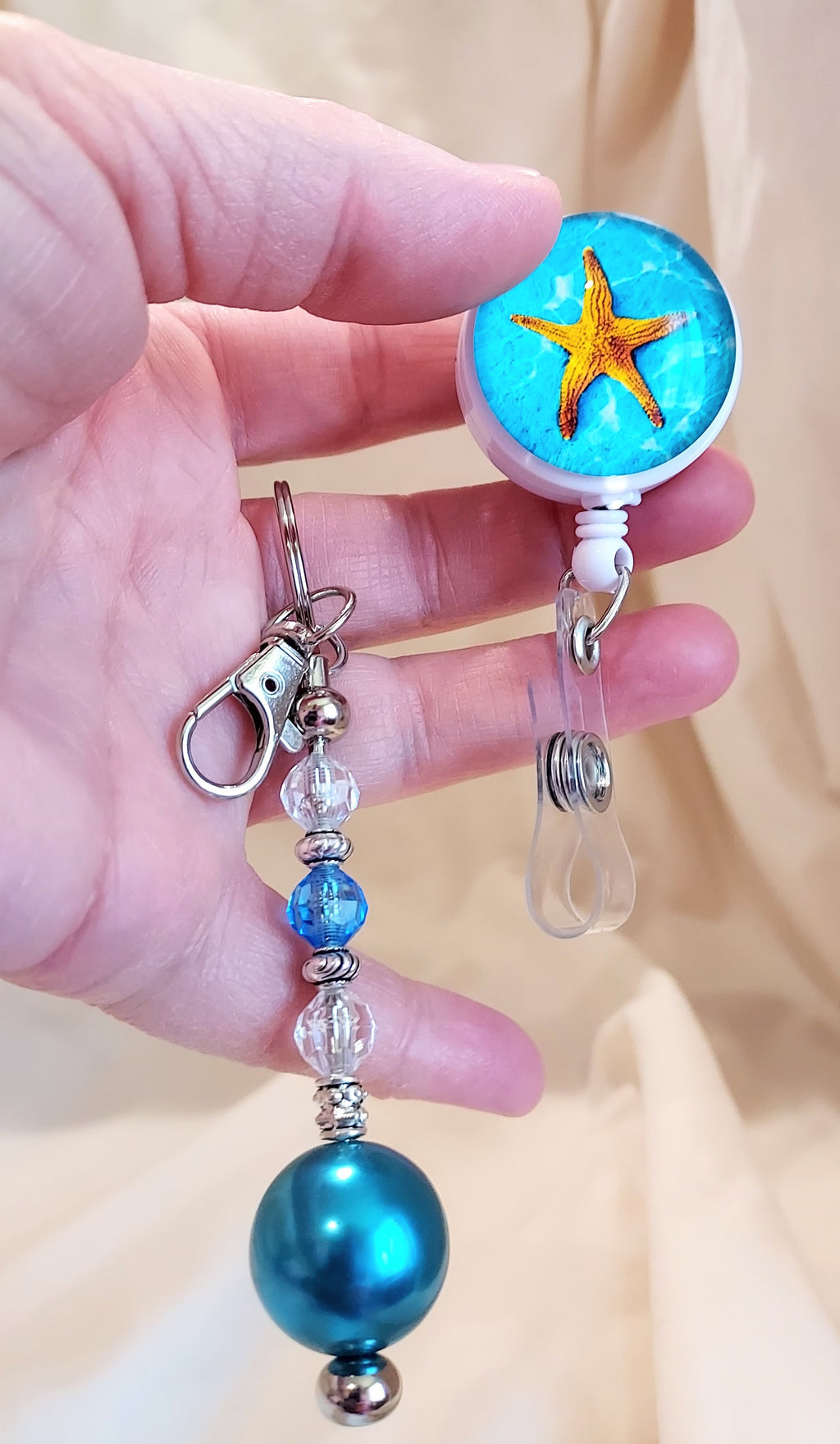 Unique Starfish Beach Retractable Badge Reel with Hand Beaded Keychain – 3-in-1 Fidget Accessory