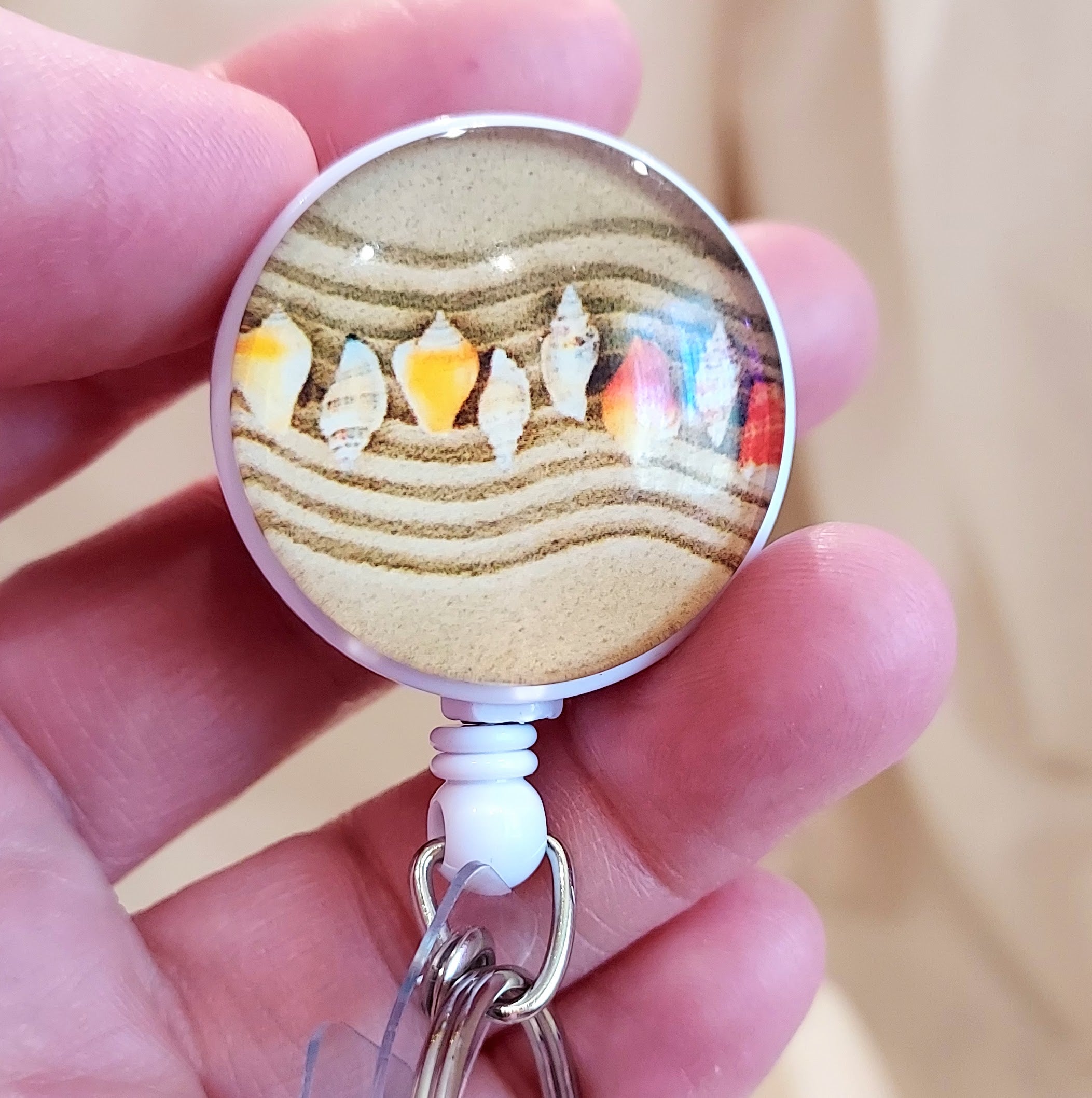 Unique Shell Themed Badge Reel with Hand Beaded Keychain – 3-in-1 Fidget Accessory