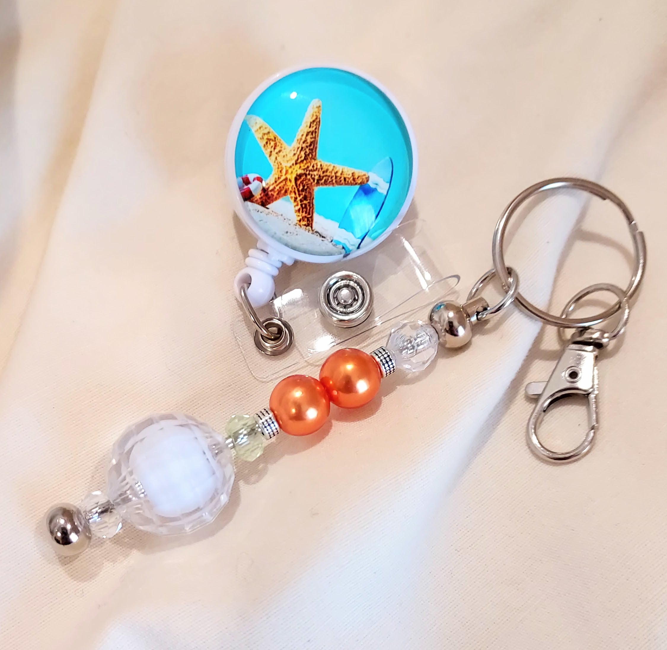 Unique Starfish Beach Retractable Badge Reel with Hand Beaded Keychain – 3-in-1 Fidget Accessory (2)