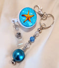Unique Starfish Beach Retractable Badge Reel with Hand Beaded Keychain – 3-in-1 Fidget Accessory