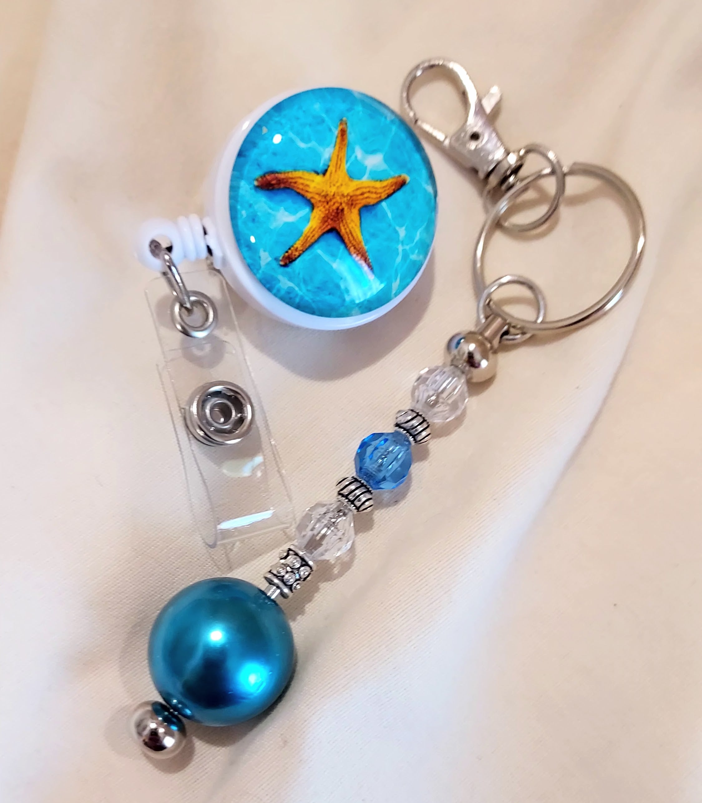 Unique Starfish Beach Retractable Badge Reel with Hand Beaded Keychain – 3-in-1 Fidget Accessory