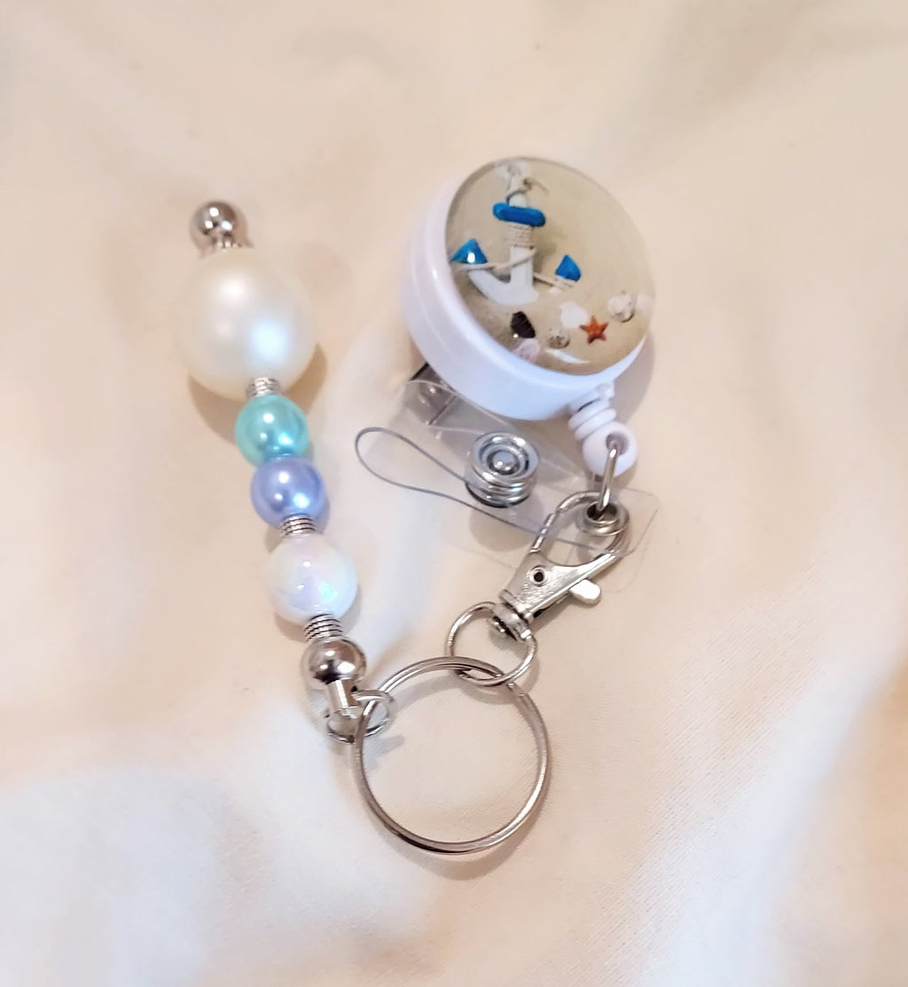 Unique Anchor Beach Themed Badge Reel with Beaded Keychain Fidget – 3-in-1