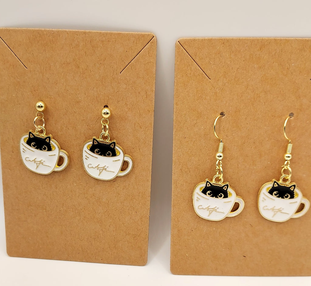 Whimsical Cat & Coffee Cup Earrings –  Artisan Jewelry